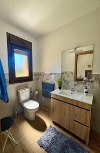 a bathroom with a toilet and a sink and a mirror at Apartamentos rurales El Hondón del Lugar in Hoyos +22 photos