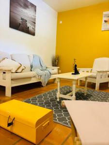 sala de estar con sofá y pared amarilla en Les Tuiles Rouges en Fort-de-France