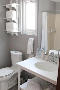 a bathroom with a sink and a toilet and a window at Flor de Mayo Hotel & Restaurant in Cuernavaca