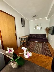 un soggiorno con un divano e un tavolo di Apartment Mila a Sarajevo