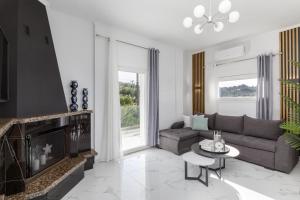 a living room with a couch and a fireplace at Stork Apartments in Hanioti