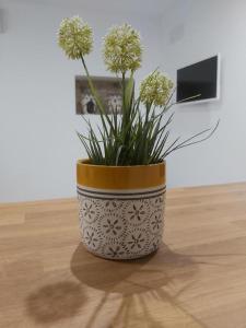 シラクーサにあるCasa Bidduzzaのテーブルの上に置かれた花の入った花瓶
