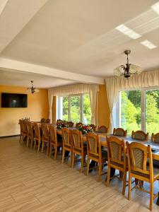a conference room with a long table and chairs at Pensiunea 7 Brazi II in Poiana Mărului