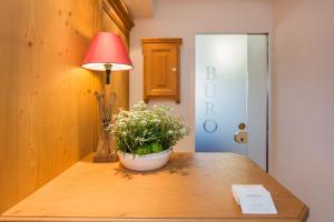 a table with a potted plant on top of it at Edelweiss Apartments in Lech am Arlberg