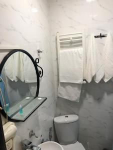 een badkamer met een spiegel, een toilet en handdoeken bij City Center Hotel in Tbilisi City