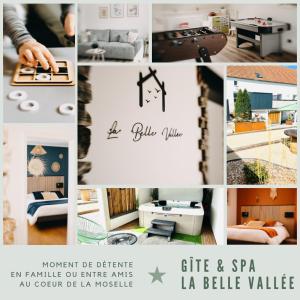eine Collage mit Bildern von Möbeln und Dekor in der Unterkunft La Belle Vallée - Gîte de charme - SPA privatif - Pétanque 