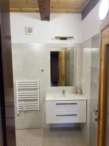 een badkamer met een witte wastafel en een spiegel bij Rekreační chata Karasín in Karasín