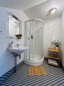 a bathroom with a shower and a sink at In heart of Trakai you'll find authentic Karaim house in Trakai