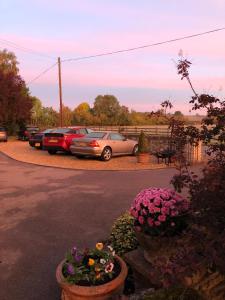 grupa samochodów zaparkowanych na parkingu z kwiatami w obiekcie Astwell Mill w mieście Helmdon