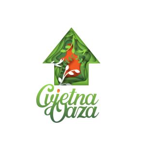 logotipo creativo para un restaurante con pizza en un triángulo verde en Cvjetna oaza, en Višegrad