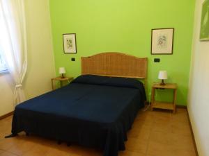 a bedroom with a blue bed and green walls at Casa Di Lascio in Maratea