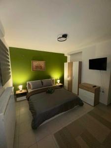 a bedroom with a green wall and a bed at Ifigeleni studios in Ária