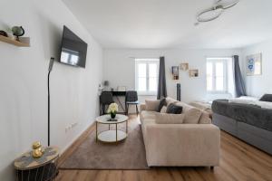 uma sala de estar com um sofá e uma cama em Mautern Oasis / 50m² / Comfortable with Terrace em Mautern