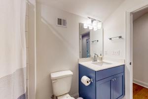 a bathroom with a toilet and a sink and a mirror at Marlin Chase---30453 Madeira Ln in Ocean View +20 photos