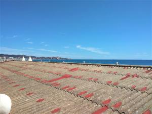 a beach with red dividers on it with the ocean at Habitaciones de Hostal a Primera linea de playa en Cullera in Cullera