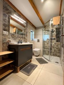 W łazience znajduje się umywalka i prysznic. w obiekcie Domek pod Świerkami w Jeleniej Górze