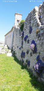 a stone wall with purple flowers on it at PLOMIN SKY&BAY in Plomin