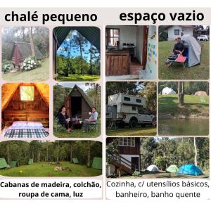 kolaż zdjęć wielbłądów i namiotów w obiekcie Gran Camping Cabanas da Fazenda w mieście Visconde De Maua
