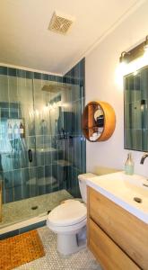 a bathroom with a toilet and a sink and a shower at Luxurious Bohemian Bungalow in Lincolnville - Mins from Downtown! in St. Augustine