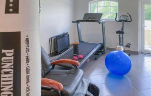 ein Zimmer mit einem Fitnessraum mit einem Laufband und einem blauen Ball in der Unterkunft Stunning Home In Sollebrunn With Kitchen in Sollebrunn