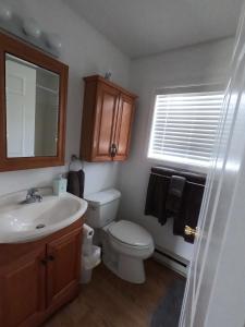 La salle de bains est pourvue de toilettes, d'un lavabo et d'un miroir. dans l'établissement Sunrise Beach Oscoda @ Surfside, à Oscoda