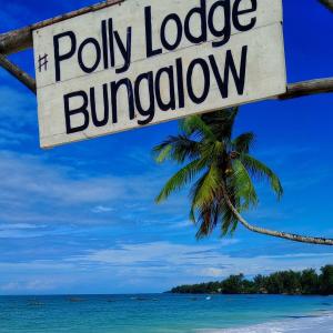 un panneau sur une plage avec un palmier dans l'établissement Polly Lodge Bungalow Zanzibar Kiwengwa, à Kiwengwa