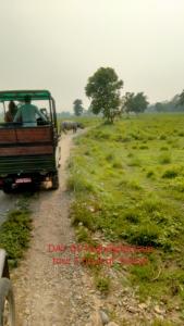 a group of people in a jeep driving down a dirt road at Hotel Tiger Tops Sauraha in Sauraha