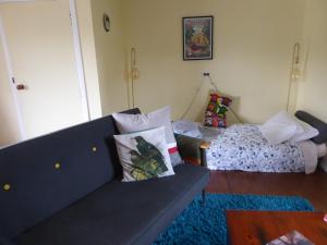 ein Wohnzimmer mit einem Sofa und einem Bett in der Unterkunft Fig Tree Cottage in Greytown