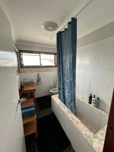 a bathroom with a shower curtain and a sink at House and Van on the River in Tweed Heads