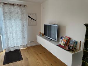 sala de estar con TV de pantalla plana en la barra en Sonnenschein Chalet en Buxheim