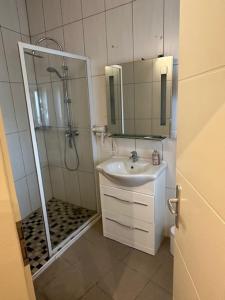 Leonardo's Sweet Hotel في Tappenbeck: حمام مع حوض ودش مع مرآة