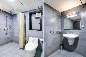 twee foto's van een badkamer met toilet en wastafel bij FabHotel 1 Lovelock in Ballygunge