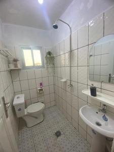 a white bathroom with a toilet and a sink at Studio meublé à bas prix (salon, chambre, douche, cuisine) in Yasika