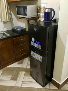 - un réfrigérateur noir dans la cuisine équipée d'un four micro-ondes dans l'établissement J&M Homes, à Moshi