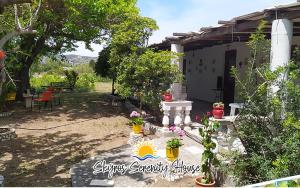 a yard with a house with a table and some plants at Skyros Serenity House in Skiros