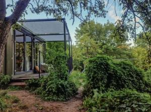 Riverfront Cabins in the garden في بوزنان: منزل صغير في الغابة مع النباتات