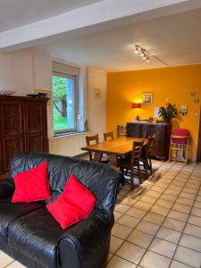 a living room with a black leather couch with red pillows at Aux 2 cerisiers in Virton