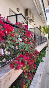 a bunch of red flowers on a balcony at Prinos Mare in Prinos