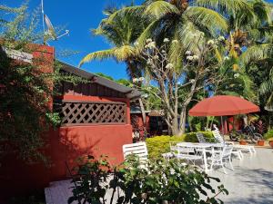 諾西貝的住宿－Bungalow chez Mouch Nosy-Be 3，庭院设有白色椅子和遮阳伞,棕榈树