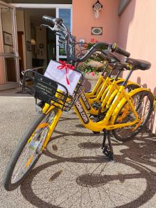 dos bicicletas amarillas estacionadas al lado de un edificio en Hotel Diana, en Riva del Garda