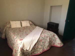 1 dormitorio con 1 cama con manta y almohadas en Groendeur Guesthouse, en Kotzesrus