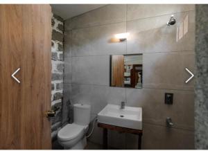 a bathroom with a toilet and a sink and a mirror at Jungle stay by Bilwa Estate in SanivÄrsante