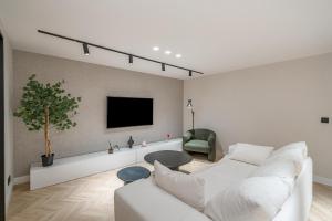 sala de estar con sofá blanco y TV en Luxury flat Mayor V, en Madrid