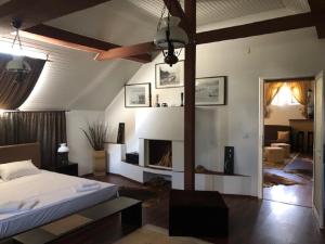 a bedroom with a bed and a fireplace at Lilu House in Câmpina