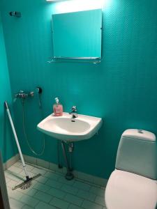 een badkamer met een wastafel, een toilet en een spiegel bij Motelli Karjala in Uimaharju
