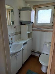 een badkamer met een wastafel, een toilet en een raam bij Svalsjöns Stugor Öland in Köpingsvik