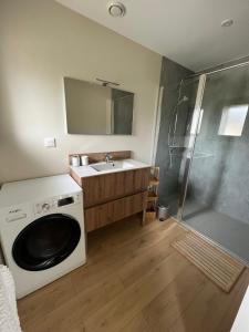 La salle de bains est pourvue d'un lave-linge et d'un lavabo. dans l'établissement villa Le Sillage, à Jullouville