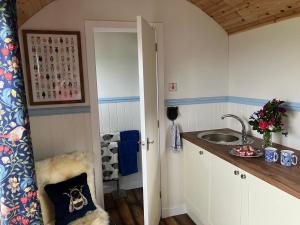 a small kitchen with a sink and a counter at Wee Shepherds Hut Maybole in Maybole