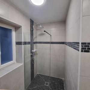 ein Badezimmer mit Dusche mit Glastür in der Unterkunft Chez Peta - maison familiale rénovée 100m² in Fontaine-le-Comte + 6 Fotos