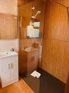 西班牙角的住宿－Red Cliff Lodge，浴室配有盥洗盆和带镜子的淋浴